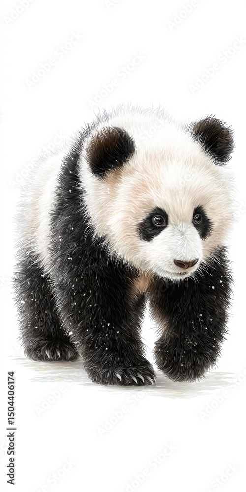 Fototapeta premium Adorable Baby Panda Cub Walking in Snowy Winter Wonderland