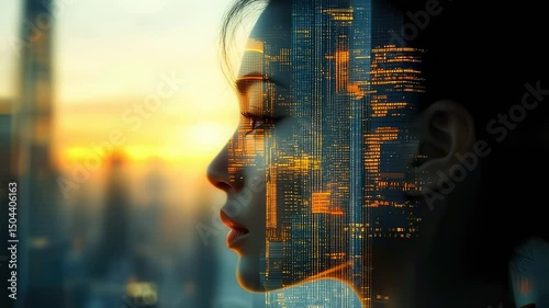 Womans profile with city overlay at sunset, contemplative portrait