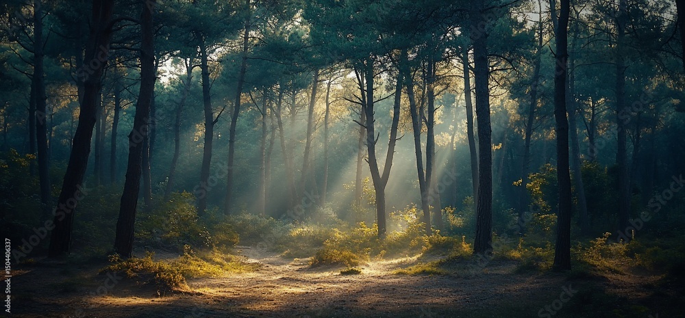 Fototapeta premium Enchanting Forest Sunlight: A serene landscape with beams of light filtering through tall trees