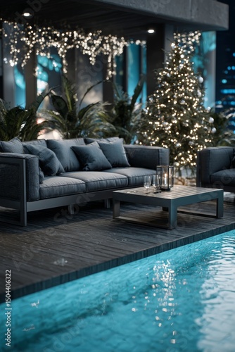Elegant Outdoor Lounge Area With Cozy Seating and Festive Decoration at Night