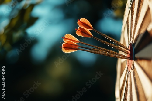 Perfect Dart Hits Center of Target on Calm Ocean Background During Bright Sun...