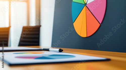 Performance Competency Evaluation Concept, Colorful Pie Chart Display on Smartboard during Meeting with Marker and Documents on Wooden Conference Table