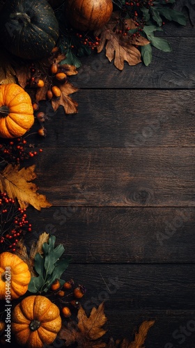 Vibrant Autumn Arrangement With Leaves and Pumpkins on a Dark Wooden Surface ...