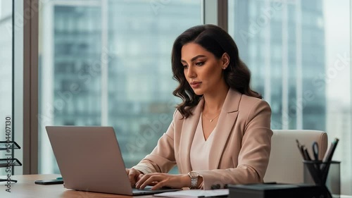 Woman Typing on Laptop in Office with City View