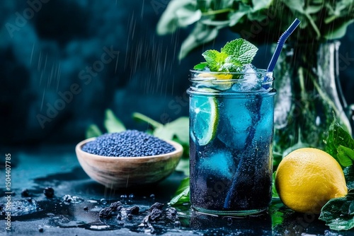 Refreshing Blue Drink With Mint Garnish and Basil Seeds on Dark Surface