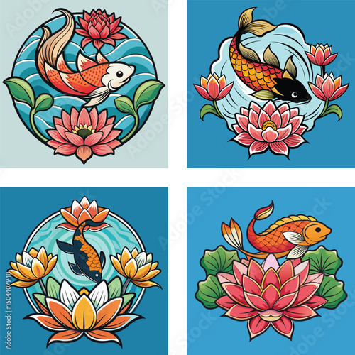 Four Unique Koi Fish Illustration Vector Set With Lotus Flowers And Waves