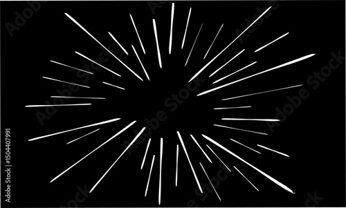 White comic-style radial speed lines on a black background. This dynamic burst effect is ideal for manga, pop art, or high-energy visual designs in posters, comics, and digital illustrations.