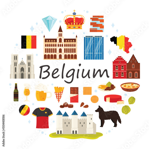 Travel to Belgium, culture elements and landmarks in round infographic banner. Belgian food and beer, Gravensteen and Menin Gate, Big Market square and Atomium in circle cartoon vector illustration