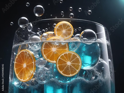 Close-up of a refreshing blue drink with orange slices and bubbles in a glass.