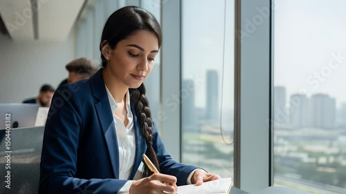 Businesswoman Taking Notes in Office with City View