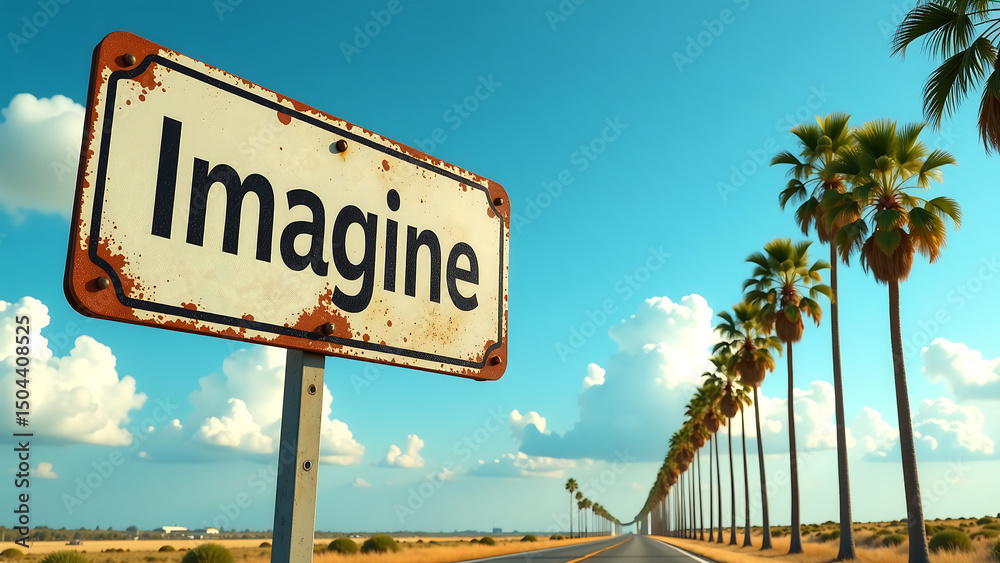 Fototapeta premium weathered highway sign proudly displaying brilliant blue sky lush green palm trees stretching towards horizon