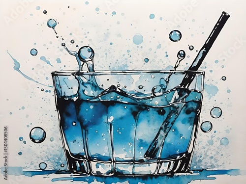 Watercolor painting of a glass of blue water with splashes and a straw. Refreshing drink art.