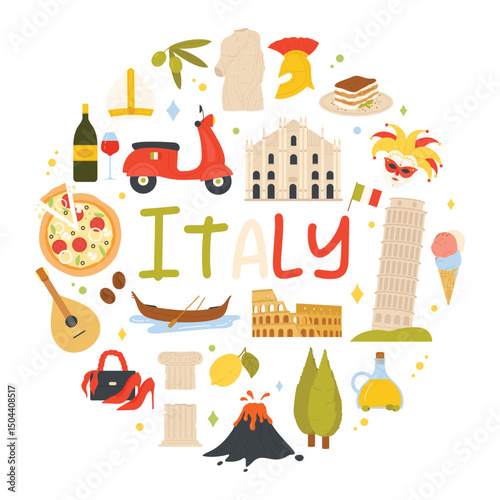 Travel to Italy, round design template with national culture symbols and landmarks. Italy text and stickers collection of Italian architecture and scooter, food and drink cartoon vector illustration