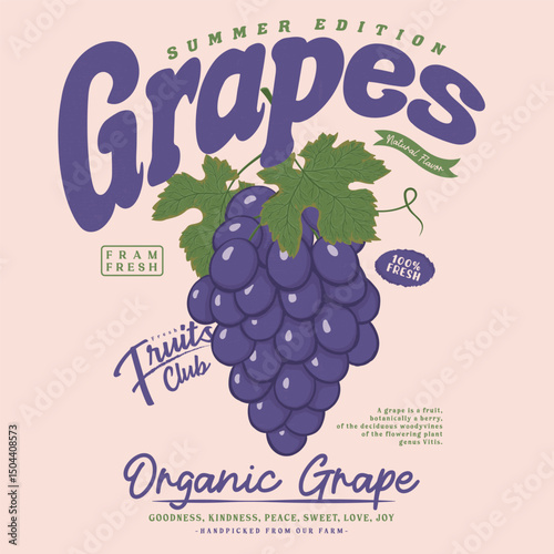 Grape fruit artwork. Fresh grapes fruit print. Fresh food artwork for for t shirt. Always organic. Summer food poster design. 