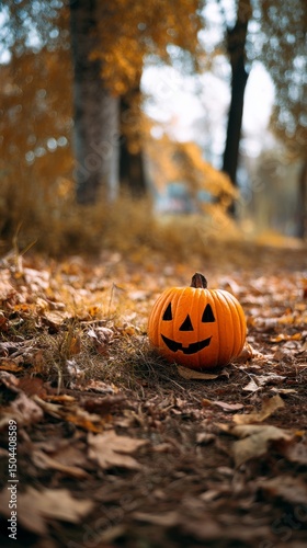 Halloween Pumpkin on a Pathway Surrounded by Autumn Leaves in a Quiet Neighbo...