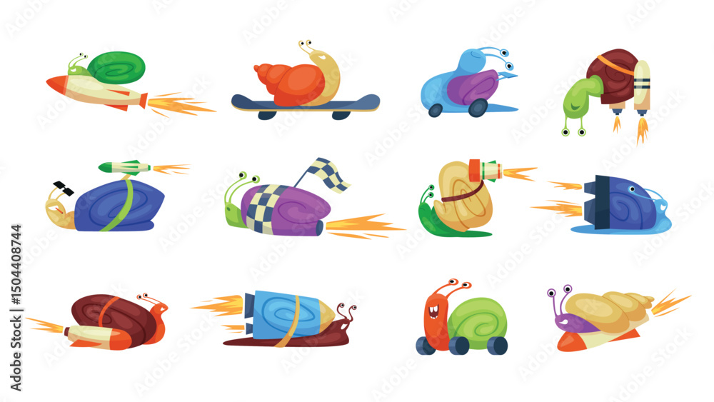 Naklejka premium Fast moving snails set. Cute garden quick slugs with shells of different colors ride on skateboard and wheels, funny turbo snails racers fly on speed rockets in race cartoon vector illustration