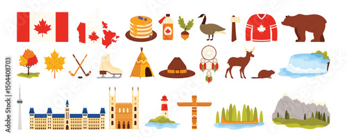 Travel to Canada set, famous landmark and national culture symbols. Canadian animals and mountain landscape, lighthouse and city buildings, maple syrup, hockey stick cartoon vector illustration