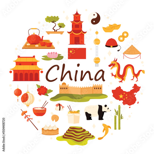 Chinese culture elements and famous architecture, food and animals of China, round infographic banner design. Ancient temple and dragon, panda and tea ceremony in circle cartoon vector illustration