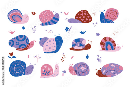 Cute snails set. Blue and purple baby slugs with different patterns on spiral shells, snails design with stars and scribble, garden flowers and leaf, geometric shapes cartoon vector illustration
