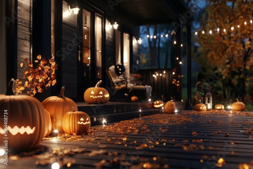 Halloween Decorations Illuminate a Cozy Porch in the Evening