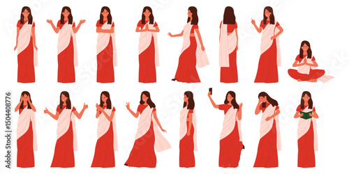 Indian woman with different poses and gestures set. Female character in traditional saree standing and pointing, beautiful lady sitting and walking, posing for selfie cartoon vector illustration