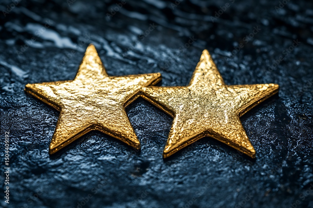 Textured Golden Stars on Dark, Wet Stone Surface: Celestial Duo. Textured Golden Stars on Dark, Wet Stone Surface: Celestial Duo.