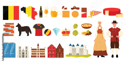 Travel to Belgium infographic set with culture elements and food, architecture and Belgian people in national costumes. Old and modern building of Brussels, kings crown cartoon vector illustration