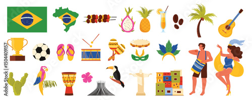 Travel to Brazil, set of culture, sights and nature stickers. Country map and flag, soccer balls and carnival celebration, tropical paradise animals and beach party cartoon vector illustration