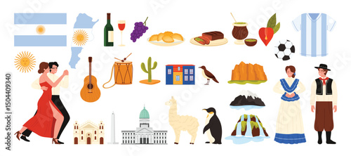 Travel to Argentina, national culture elements, infographic stickers and famous landmarks set. Argentinians in national costumes and traditional food, map and soccer ball cartoon vector illustration