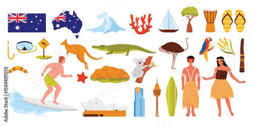 Travel to Australia, tourism set. Australian culture and famous landmark, people and landscape stickers collection, flag and map of country, architecture and animals cartoon vector illustration