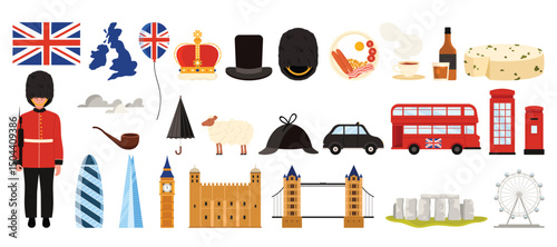 Travel to Great Britain Kingdom, London set. Landmarks, food and culture symbols and stickers collection with flag and map, telephone booth and guard, queen crown, whisky cartoon vector illustration