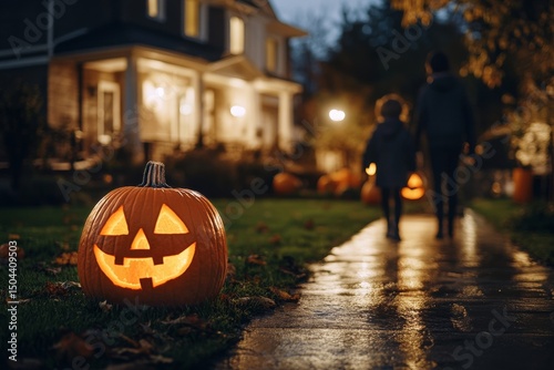 Festive Halloween Decorations With Carved Pumpkins Glowing in Front of a Cozy...