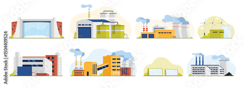 Power plants types set for energy generation. Eco sustainable wind and photovoltaic complex with solar panels, hydroelectric and geothermal station, nuclear, biomass plants cartoon vector illustration