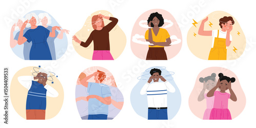 Dizzy people set. Sad woman and man feeling vertigo and headache, sick young and old characters with lightheadedness and stress, sign of star and cloud movement above head cartoon vector illustration