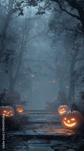 Spooky Pumpkin Pathway in a Misty Forest During Halloween Night