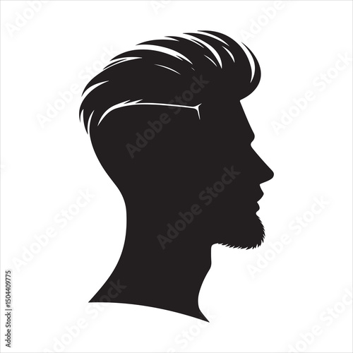 Black silhouette of a modern men's hairstyle with sharp edges, clean lines on a pure white background 