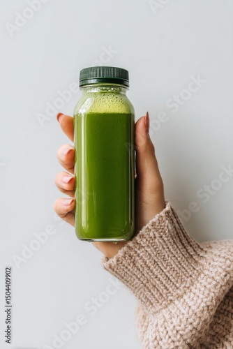 Healthy Green Juice in a Glass Bottle Held by a Hand in a Neutral Setting