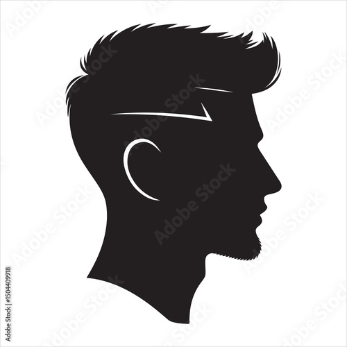 Black silhouette of a modern men's hairstyle with sharp edges, clean lines on a pure white background 