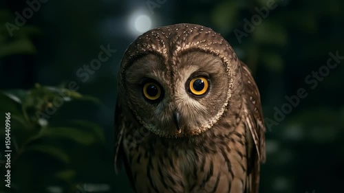 Observing Owl in Dark Night Forest Scene with Moon