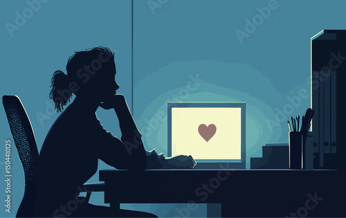 Thoughtful woman in silhouette gazes at a computer screen with a heart icon.