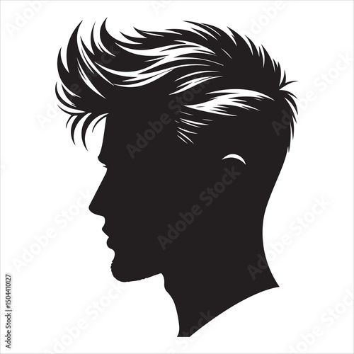 Black silhouette of a modern men's hairstyle with sharp edges, clean lines on a pure white background 