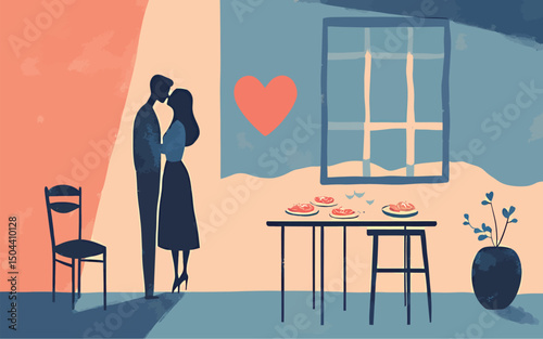A couple shares a tender moment in a cozy, illustrated setting with a dining table.