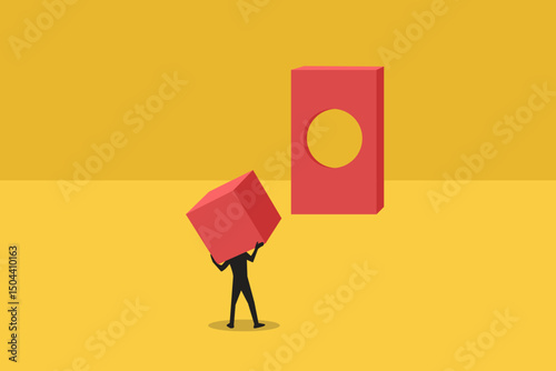 Businessman bring cube to hole. concept of struggle, challenge, difficulty. Minimal design eps10 illustration