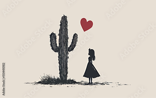 A girl in a black dress admires a cactus with a heart above in a whimsical desert scene.