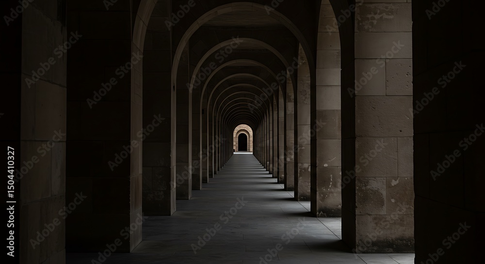 Obraz premium Dramatic perspective view of arched stone corridor with moody light and deep shadows — perfect for architectural visuals and cinematic design