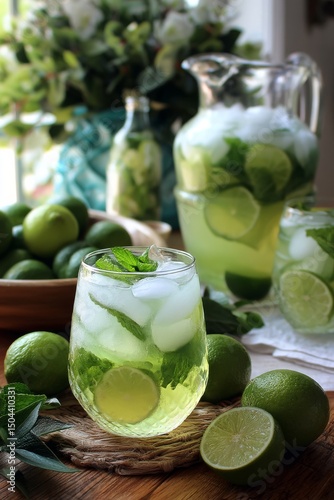 Refreshing Mojito Served in a Glass With Mint and Lime on a Sunny Kitchen Cou...
