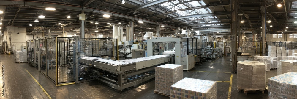 Fototapeta premium Shrink Film Wrapping Machine Efficiently Wrapping Tile Boxes in a Large Industrial Facility During Daytime Operations