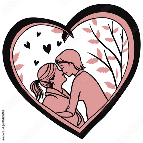 Romantic couple sharing an intimate kiss inside a heart shape with falling leaves