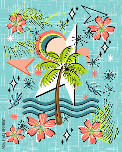 Poster Retro Hawaiian Beach Sail Boat Floral