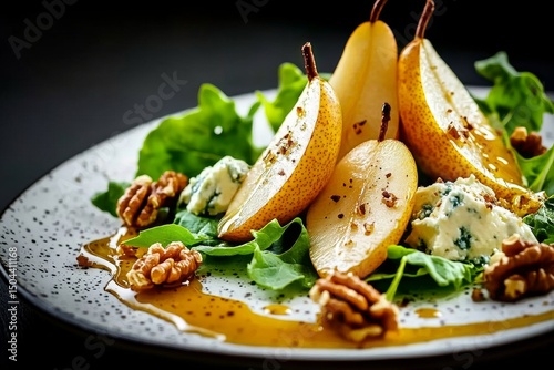 Elegant Salad With Fresh Pears, Blue Cheese, and Walnuts on a Plate at a Fine...
